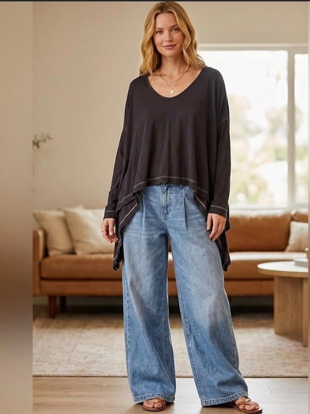 Free People We The Free Scoop Neck Oversized Flowy Top Black  Size S